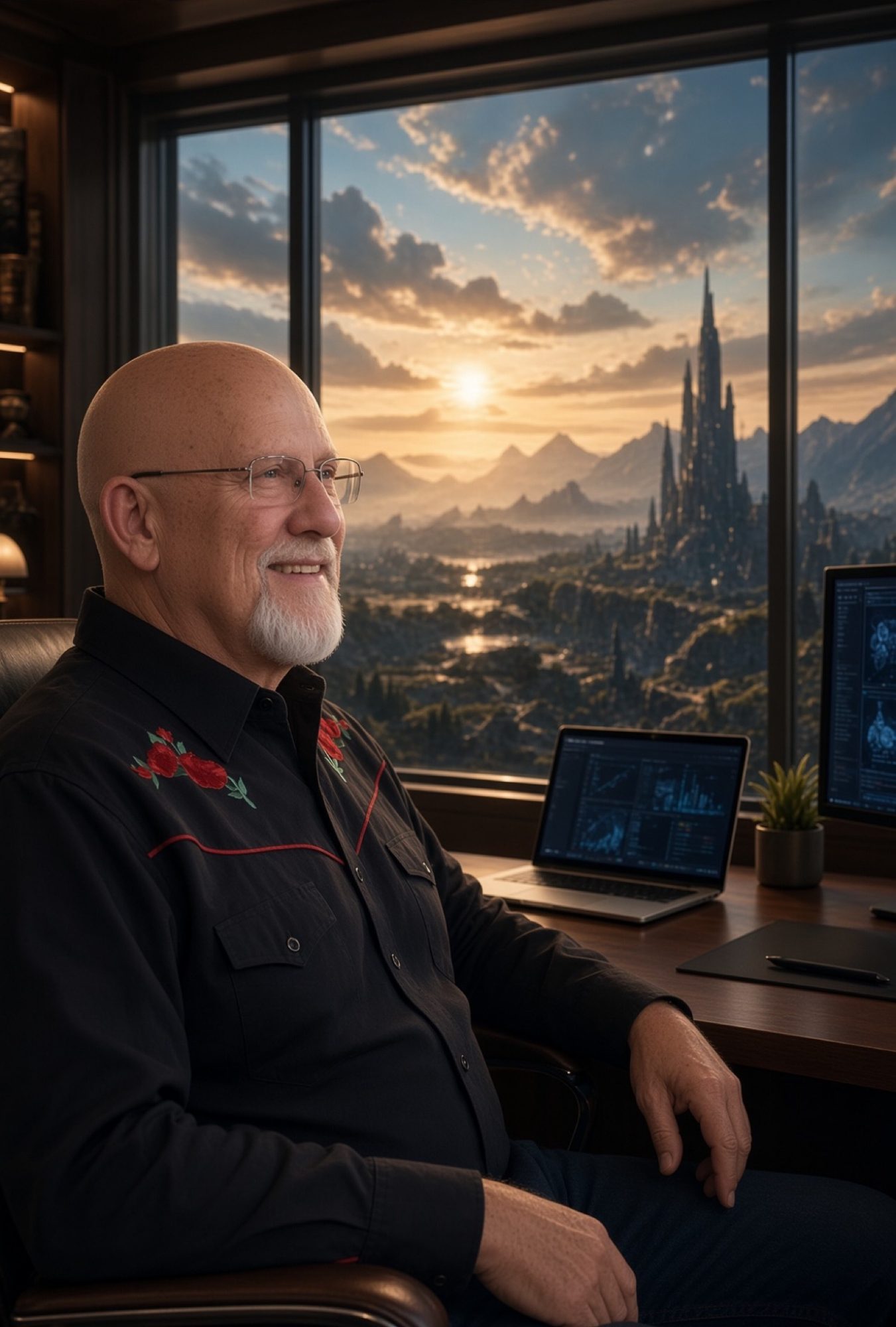Steve Irwin at the desk — the universe outside the glass