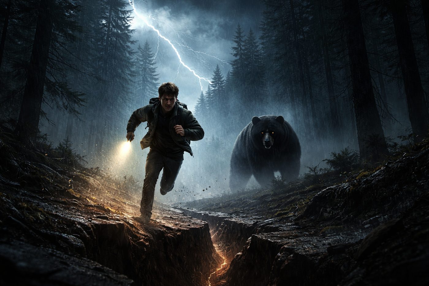 Book One. Billy runs the ridge above a hole in the Rockies. The bear is behind him.