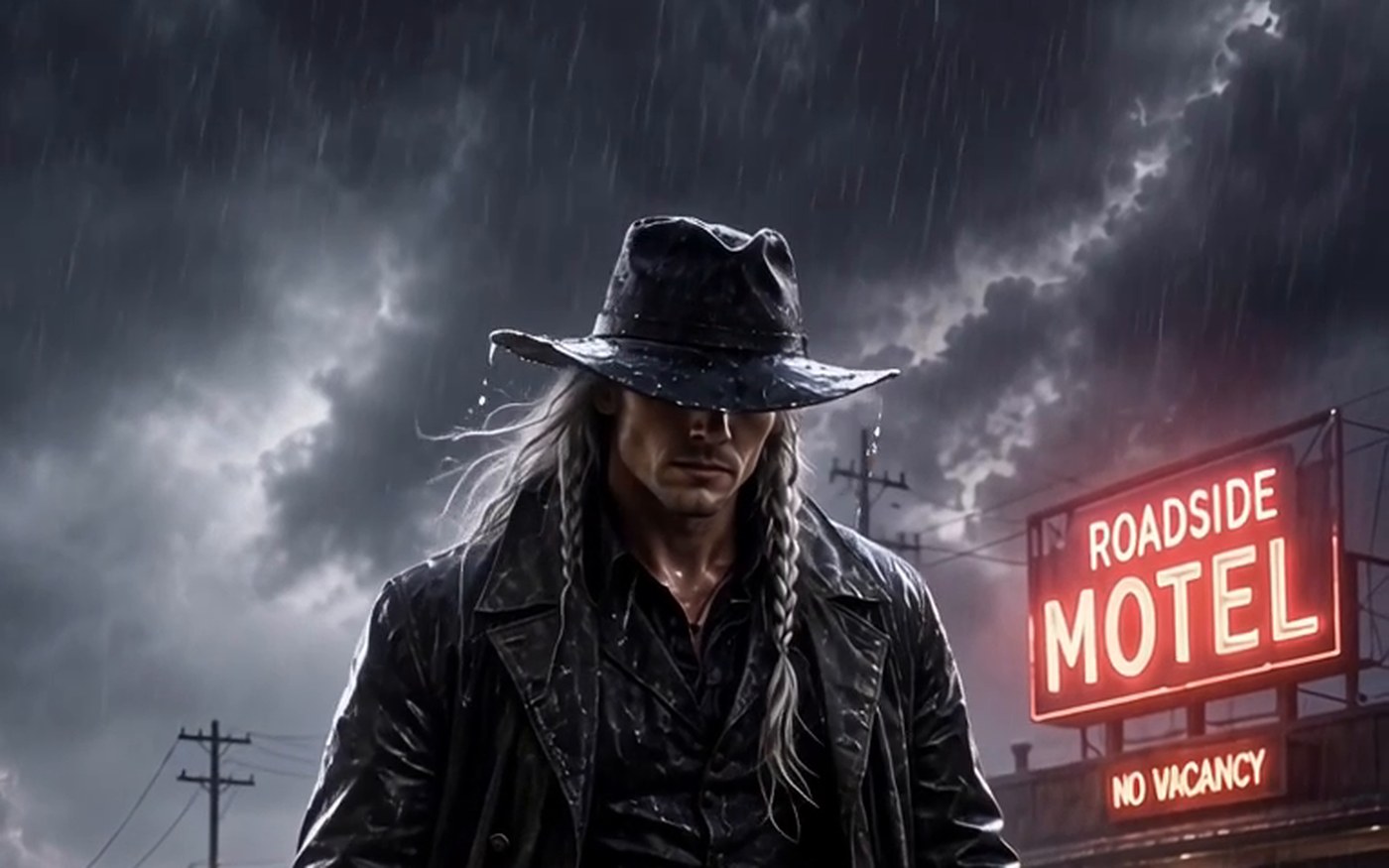 Book 4.5. Harlan Vales in the rain outside a motel with no vacancy.