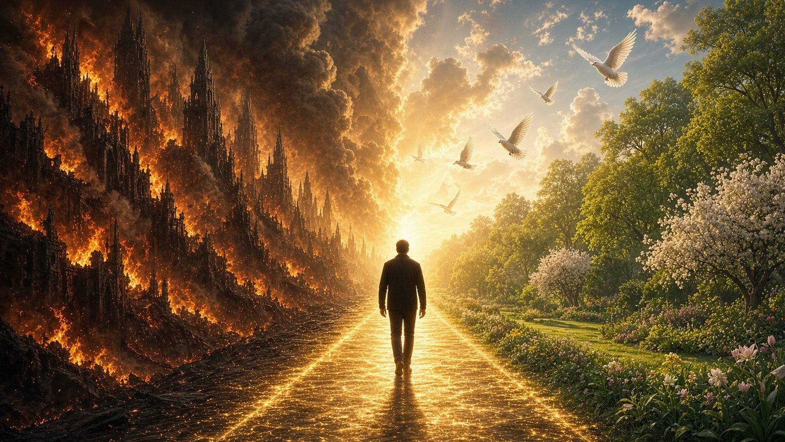 A figure walking the seam between the burning city of fear and the living garden of love.