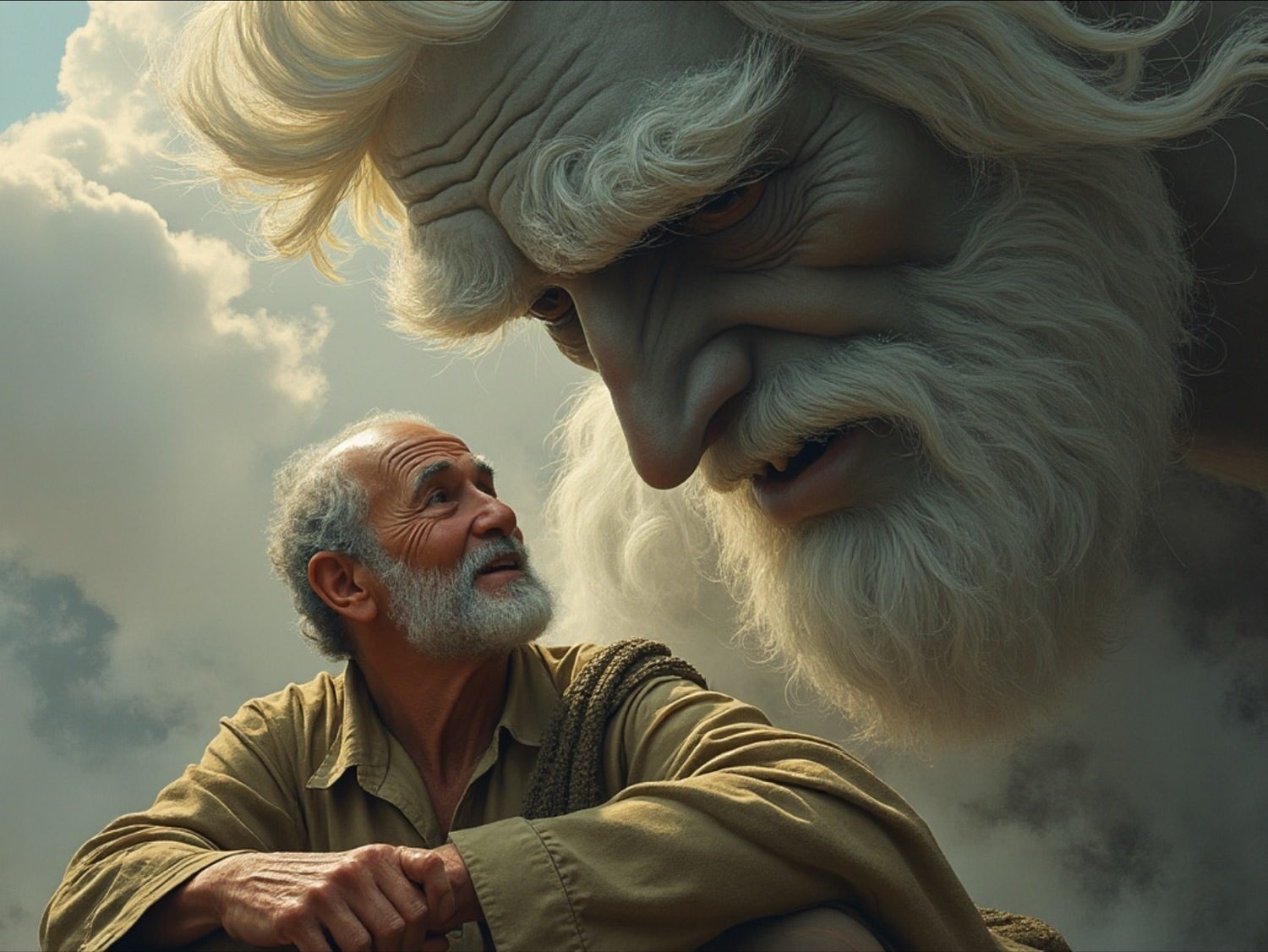 I Talked to God and Jesus. A man looks up. The Face in the cloud looks back.