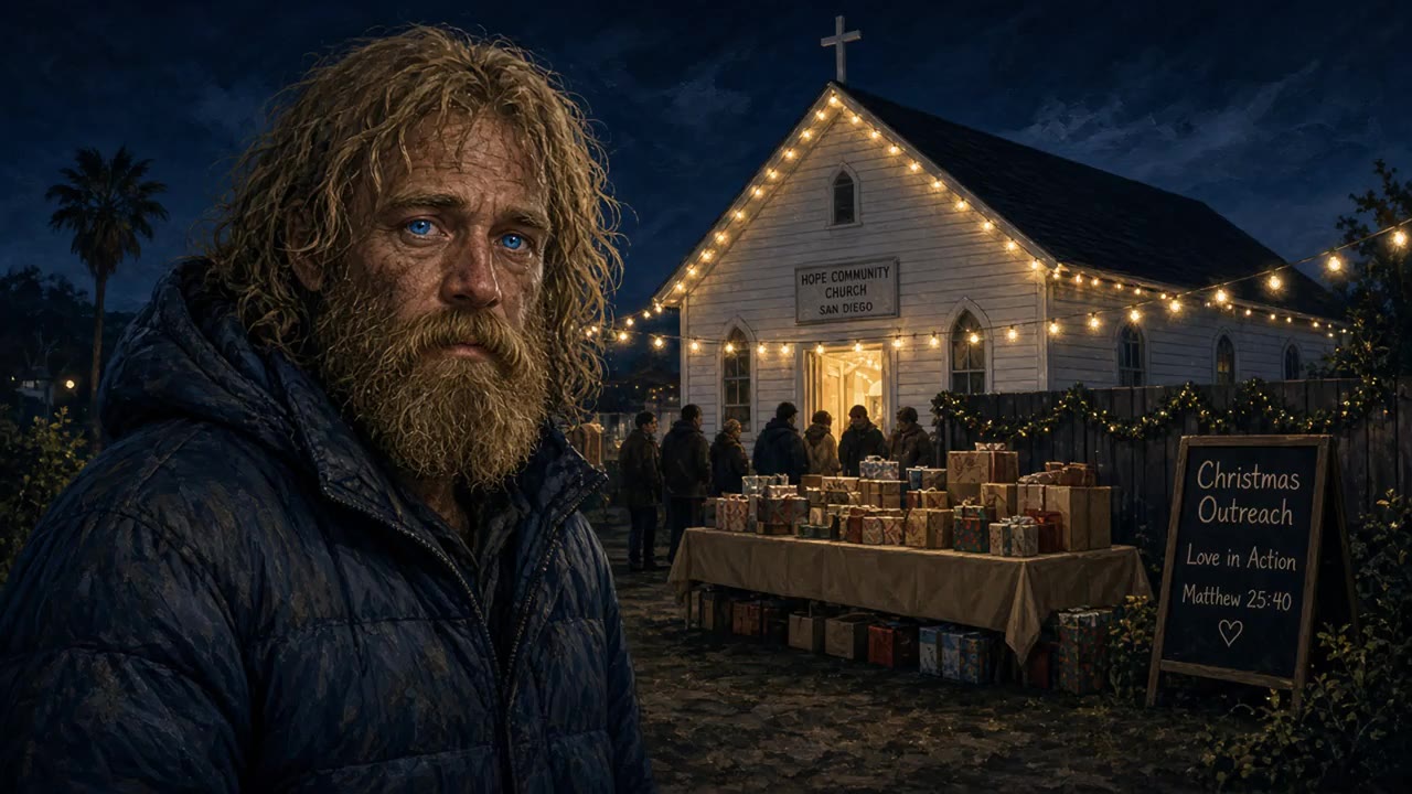 Not Forgotten. Christmas night outside a small church.