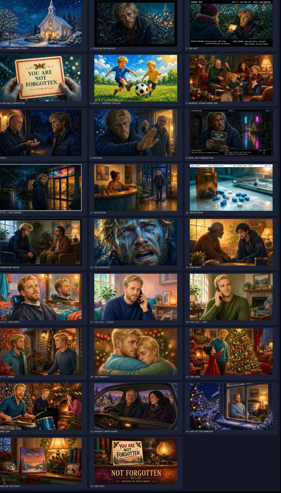 Not Forgotten scene sheet. Twenty-six panels, from Strawberry Street to the end title.