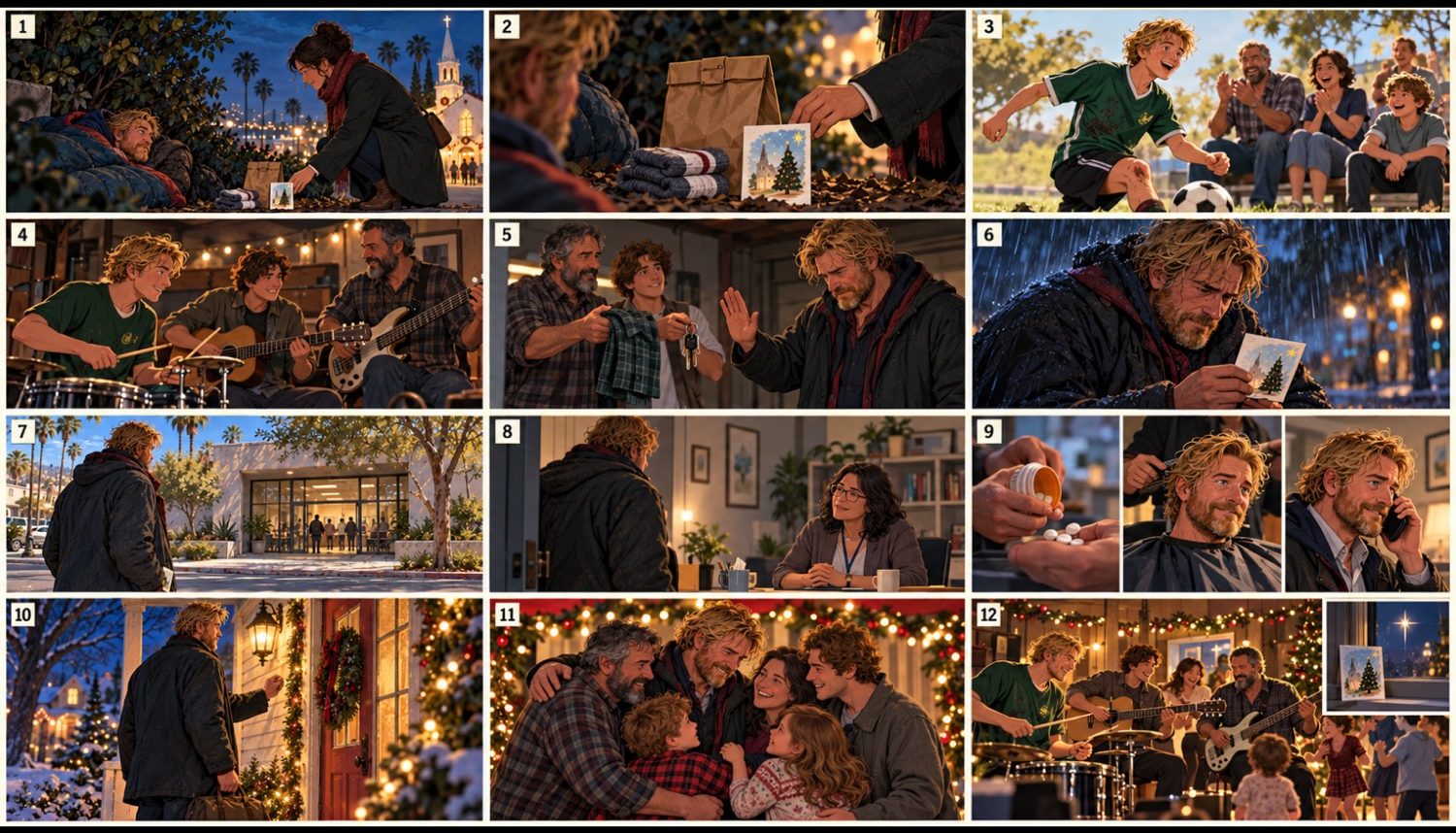 Not Forgotten visual storyboard. Twelve numbered scenes, from the street at night to Christmas.