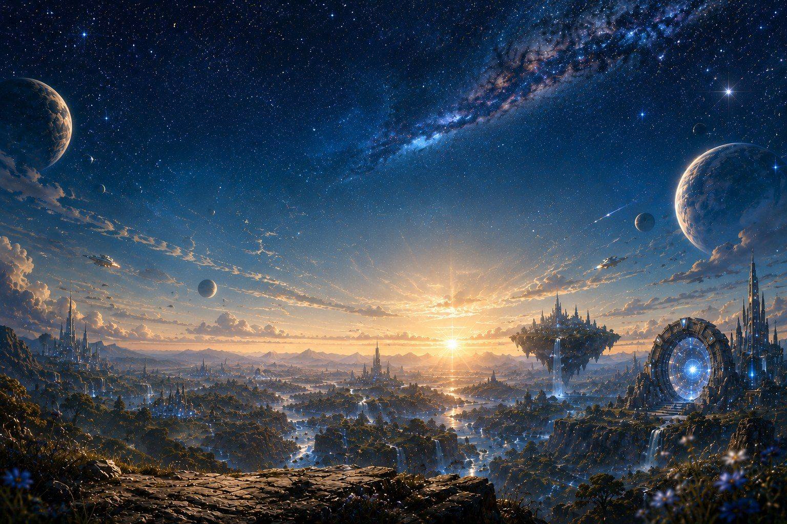 Worlds and map of the Billy Thinx Universe — floating citadel, gate of light, twin planets, the ridge where the journey stands